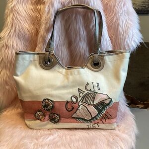 Coach Cream and Pink Canvas Tote Bag with gold trim Seashell print
